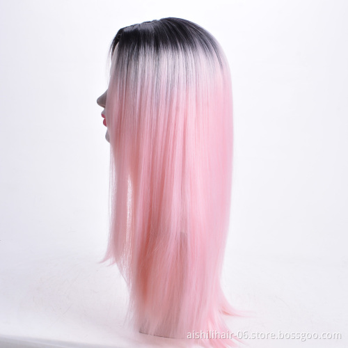 Aishili wholesale heat resistant long straight synthetic hair ombre black to pink synthetic hair wigs for women